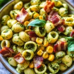 Corn Pasta Salad with Bacon and Creamy Pesto Dressing