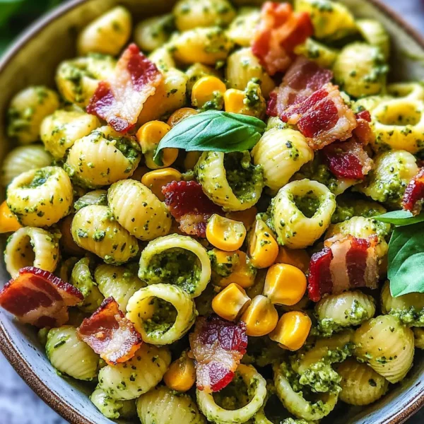 Corn Pasta Salad with Bacon and Creamy Pesto Dressing