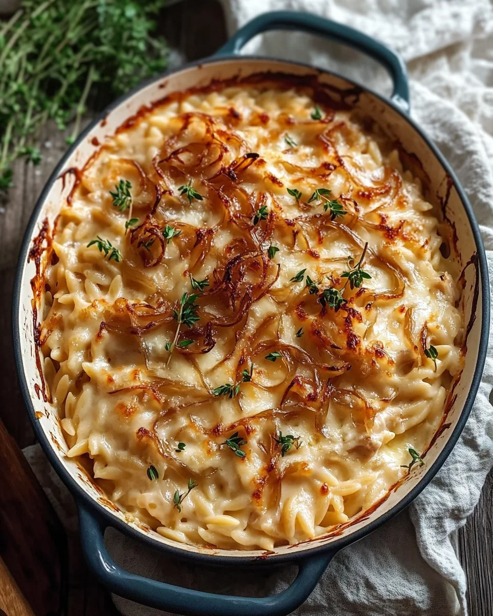 French Onion Chicken Orzo Casserole