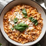 Ground Beef Orzo with Tomato Cream Sauce