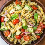 Healthy Chicken Pasta Salad with Avocado, Tomato, and Basil