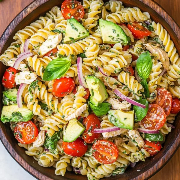 Healthy Chicken Pasta Salad with Avocado, Tomato, and Basil