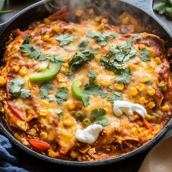 One Skillet Street Corn Chicken Enchilada Bake